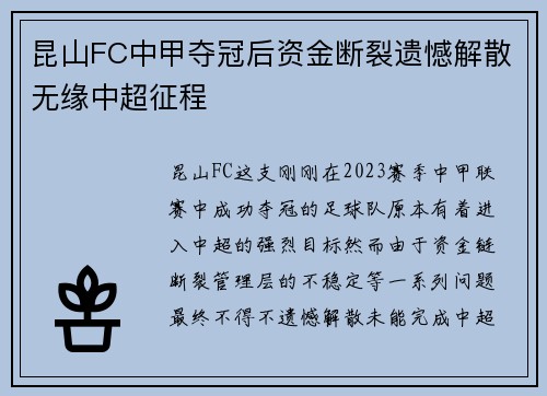 昆山FC中甲夺冠后资金断裂遗憾解散无缘中超征程